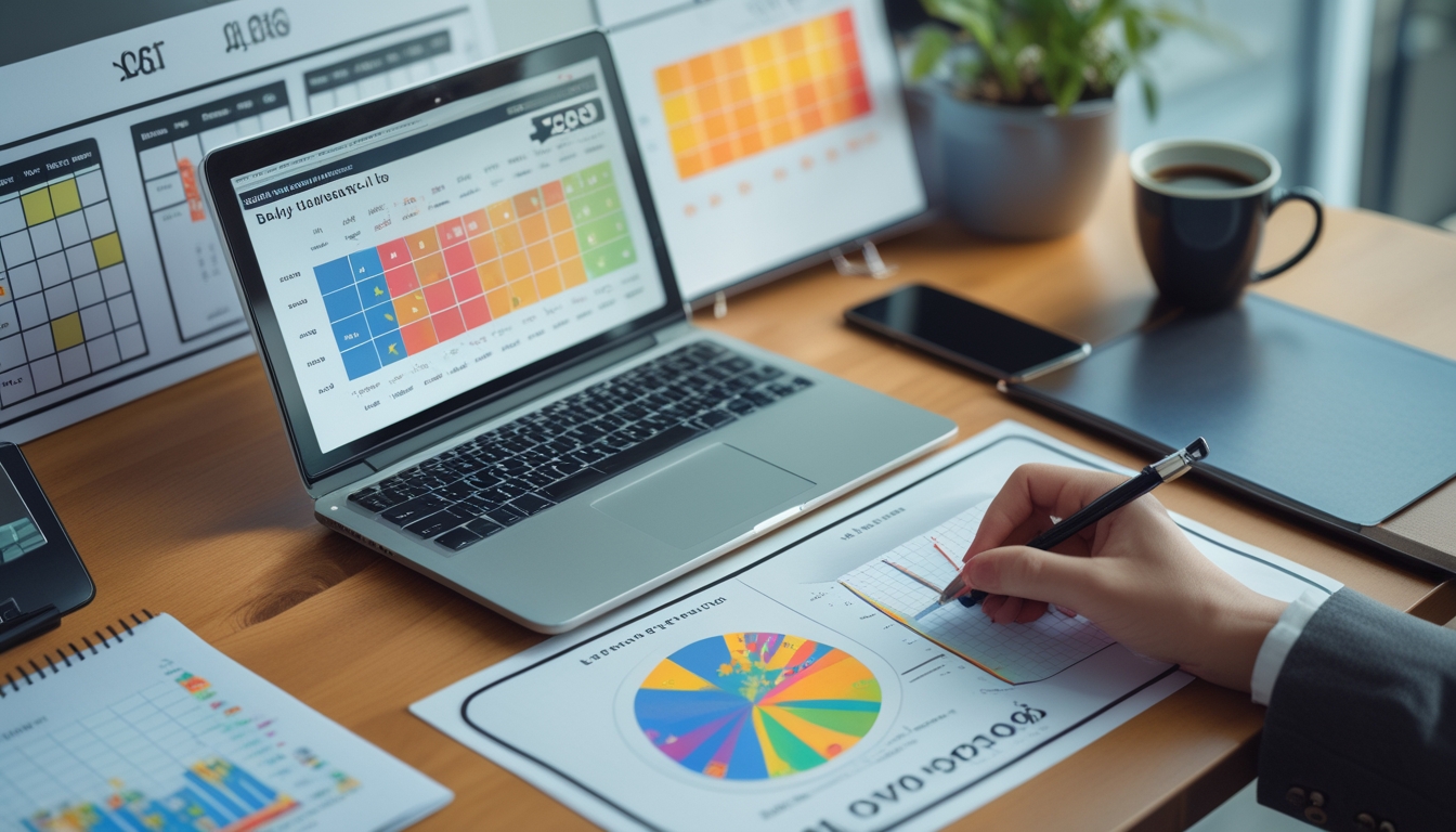 Meja kerja dengan laptop menampilkan grafik angka dan paito, tangan menunjuk data dengan pena, kalender tahun 2026 di latar belakang.