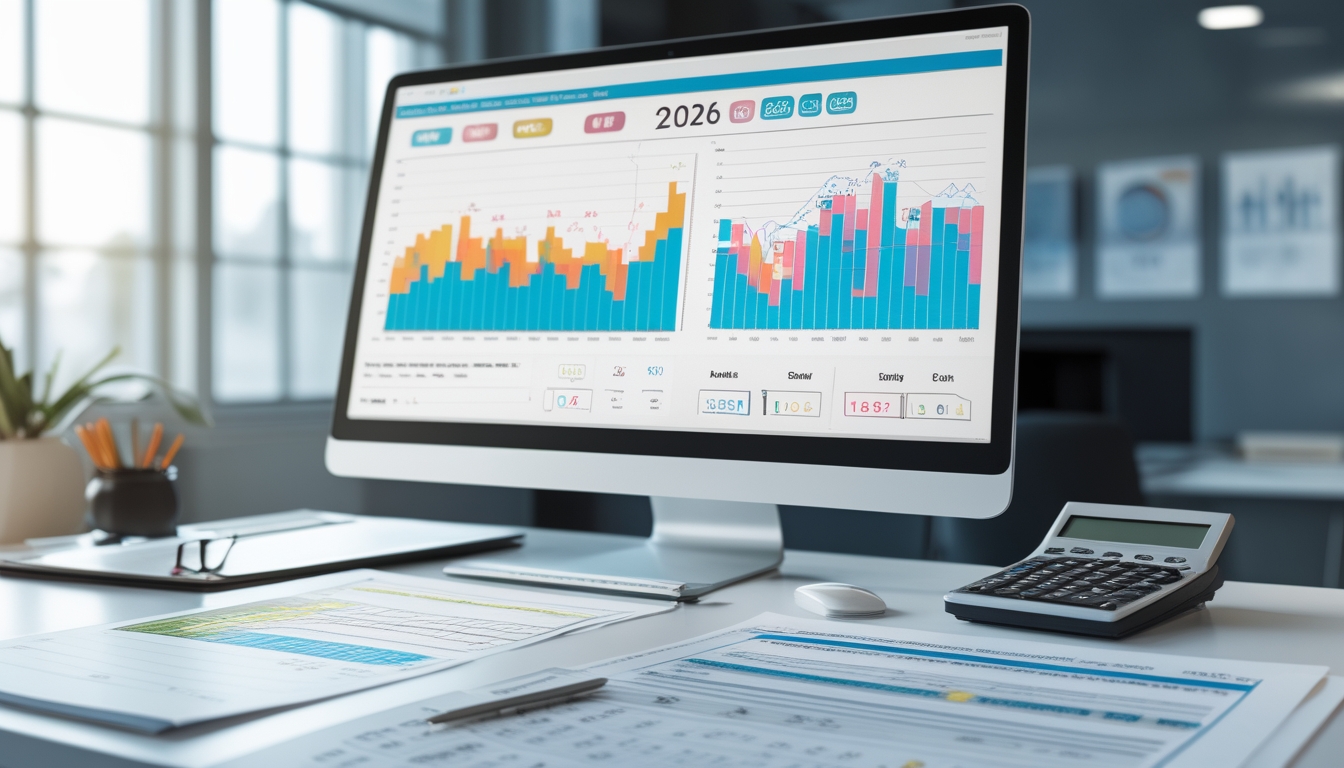 Meja kerja dengan komputer yang menampilkan grafik dan data angka, serta alat tulis dan kalkulator di sekitarnya.
