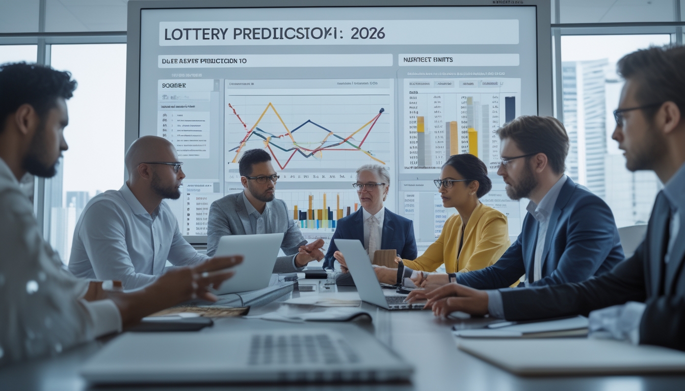 Sekelompok profesional sedang bekerja bersama di kantor dengan layar besar menampilkan grafik dan data angka untuk prediksi togel tahun 2026.