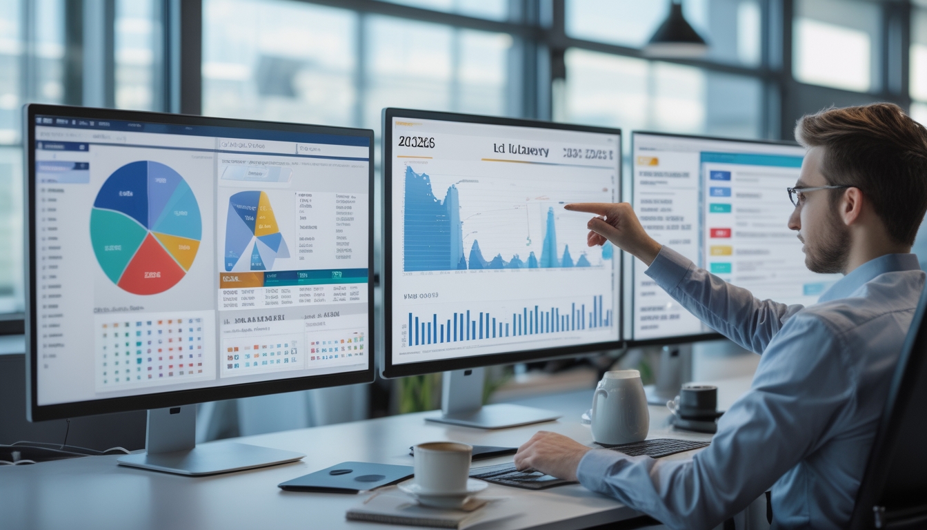 Seorang profesional sedang menganalisis data dan grafik angka di ruang kantor modern dengan beberapa monitor komputer.