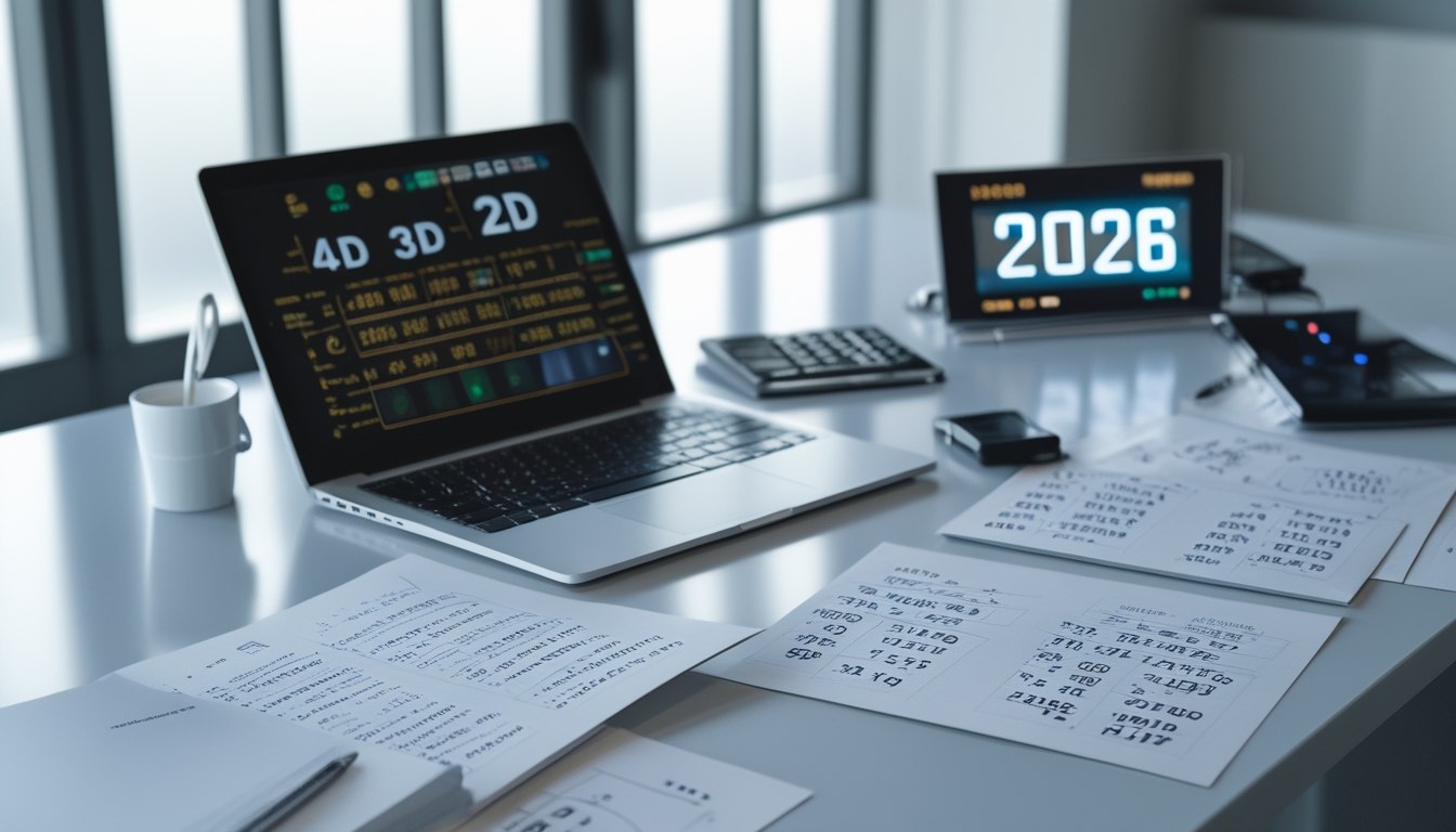 Meja kerja dengan laptop, kertas berisi angka, pena, dan kalkulator yang digunakan untuk prediksi togel tahun 2026.