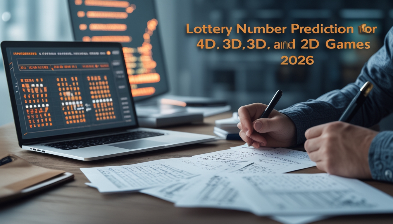 Meja kerja dengan laptop, kertas berisi angka dan grafik, serta tangan yang sedang menulis untuk analisis prediksi togel.