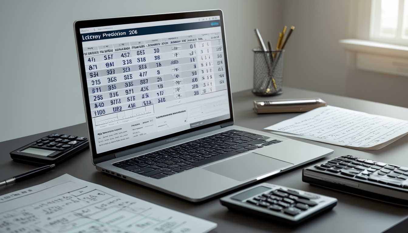 Meja kerja dengan laptop menampilkan data angka dan grafik, kertas catatan dengan pola angka, kalkulator, dan pena, menggambarkan analisis prediksi togel 4D.