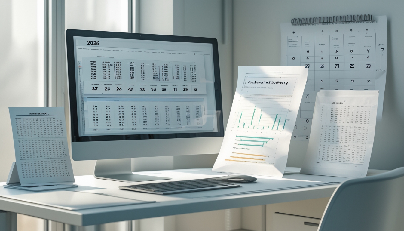 Meja kerja modern dengan komputer yang menampilkan data dan grafik terkait prediksi nomor togel 3D dan 2D tahun 2026, dilengkapi dengan catatan dan dokumen di sekitarnya.