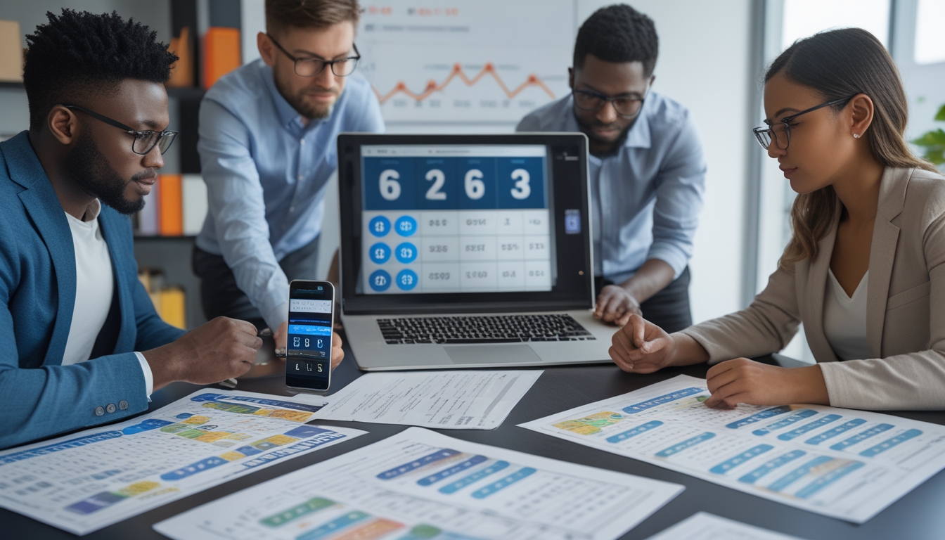 Sekelompok orang sedang menganalisis data dan grafik di kantor modern dengan perangkat digital dan kertas prediksi togel.
