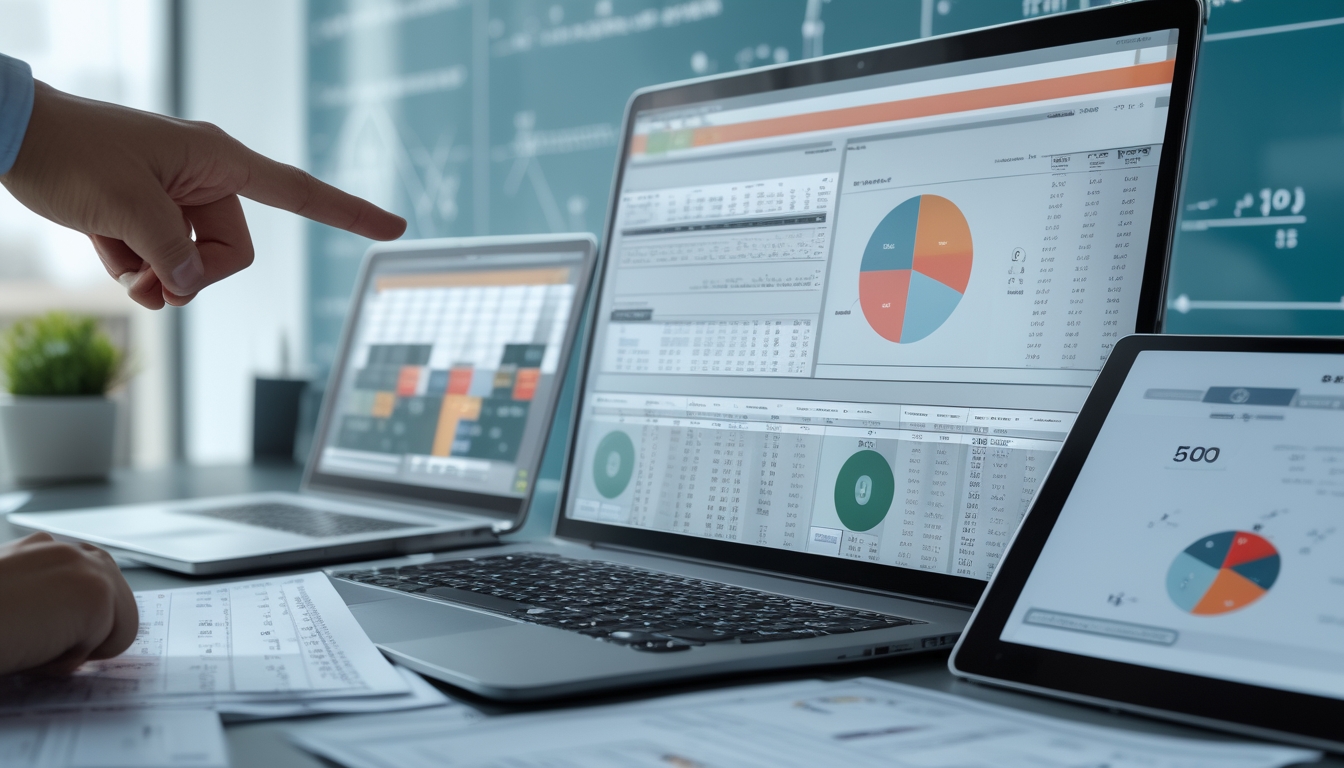 Meja kerja dengan perangkat digital yang menampilkan grafik dan data statistik tentang analisis peluang togel, dengan tangan menunjuk layar komputer.