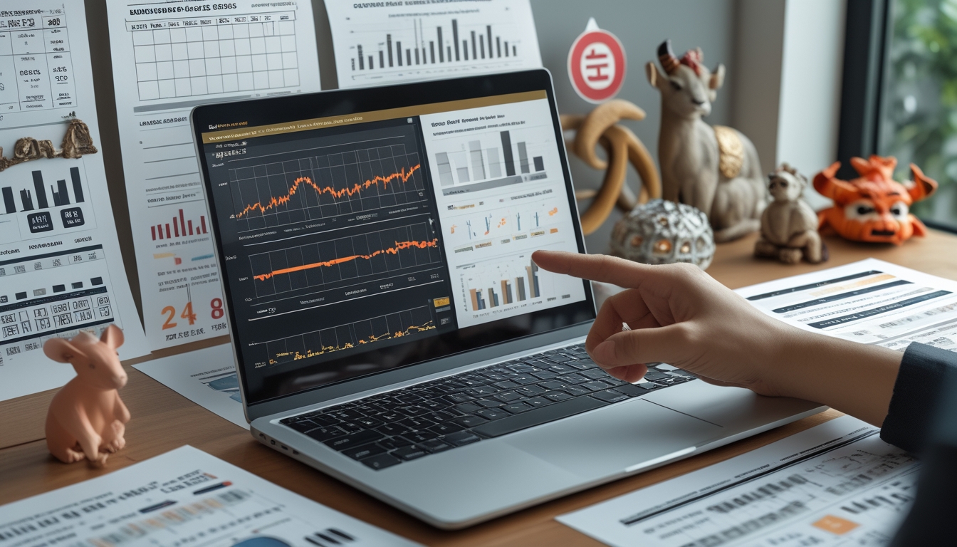 Meja kerja dengan laptop yang menampilkan grafik dan tangan menunjuk layar, dikelilingi simbol-simbol shio dan data angka togel.