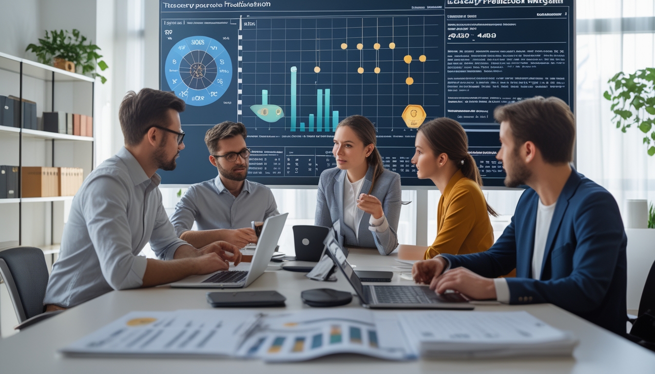 Sekelompok analis sedang bekerja bersama di kantor dengan layar besar menampilkan grafik dan data angka togel serta shio.