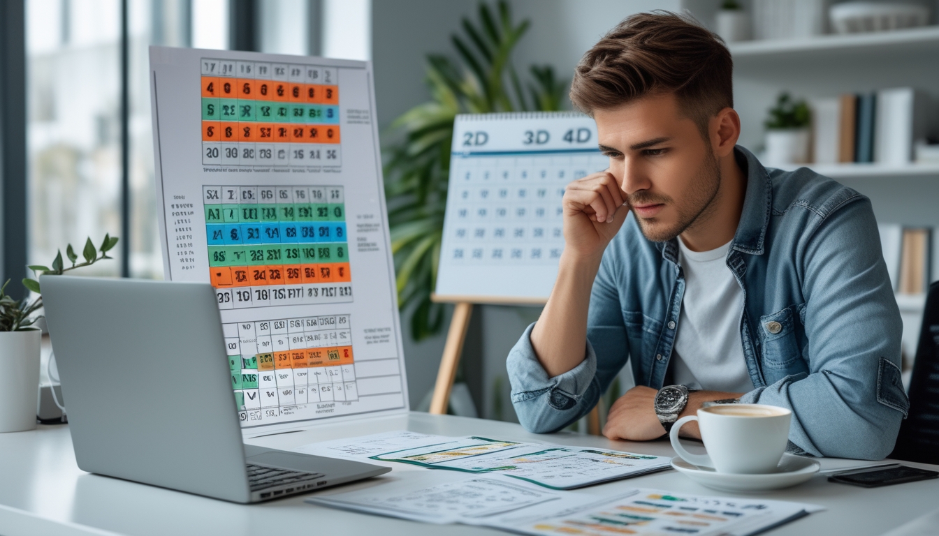 Seorang individu sedang fokus menganalisis grafik dan strategi angka togel di meja kerja dengan laptop dan dokumen di ruangan kantor yang terang.