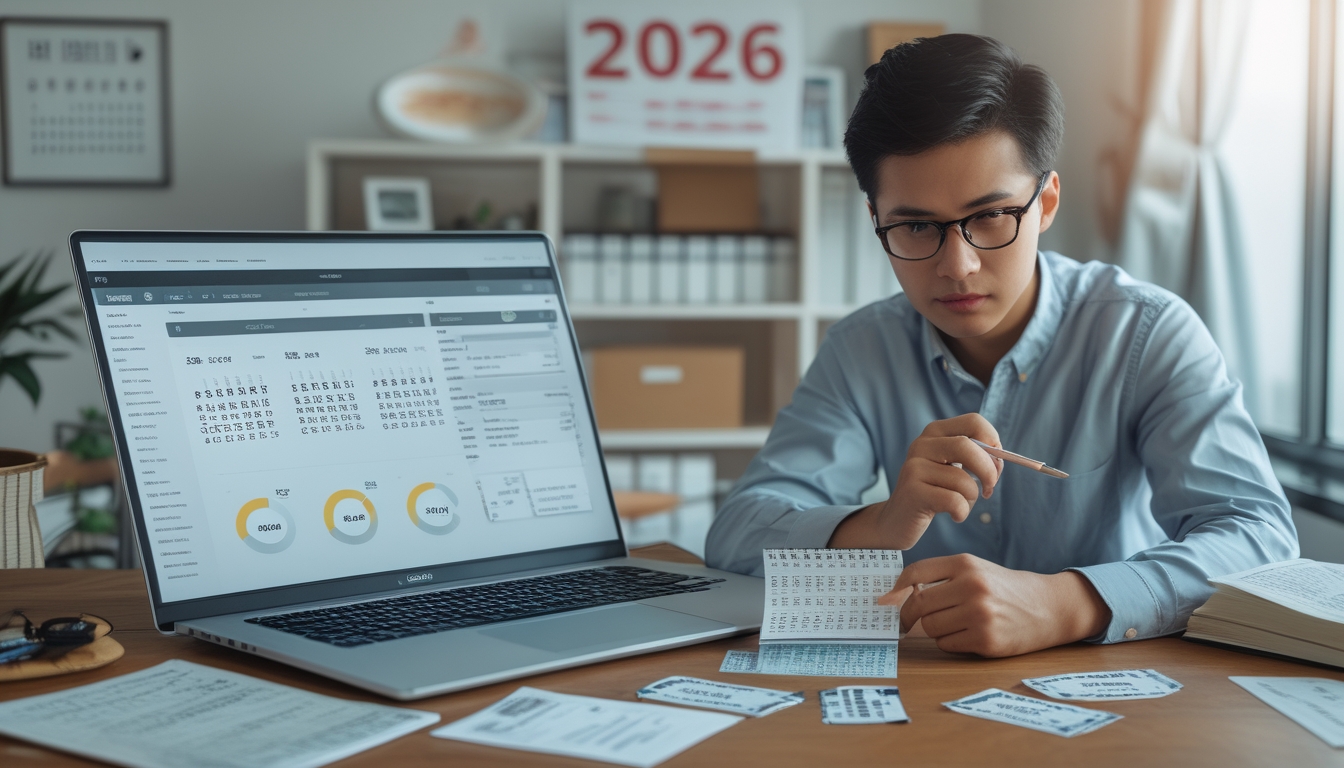 Seseorang sedang menganalisis data angka dan buku tafsir mimpi di meja kerja dengan laptop dan tiket togel.