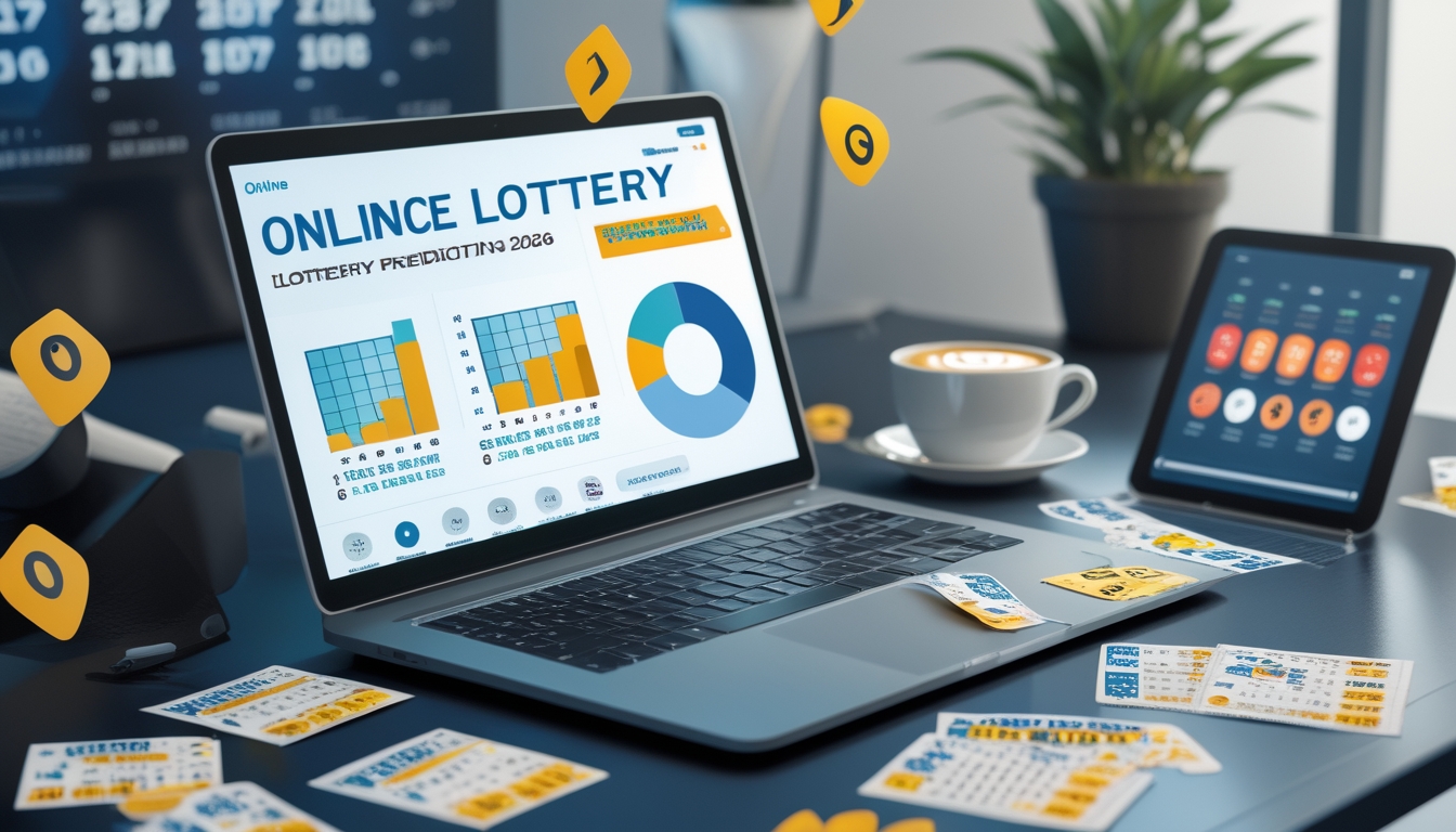 Meja kerja modern dengan laptop menampilkan grafik data, tiket togel, tablet dengan statistik, dan kalender tahun 2026.