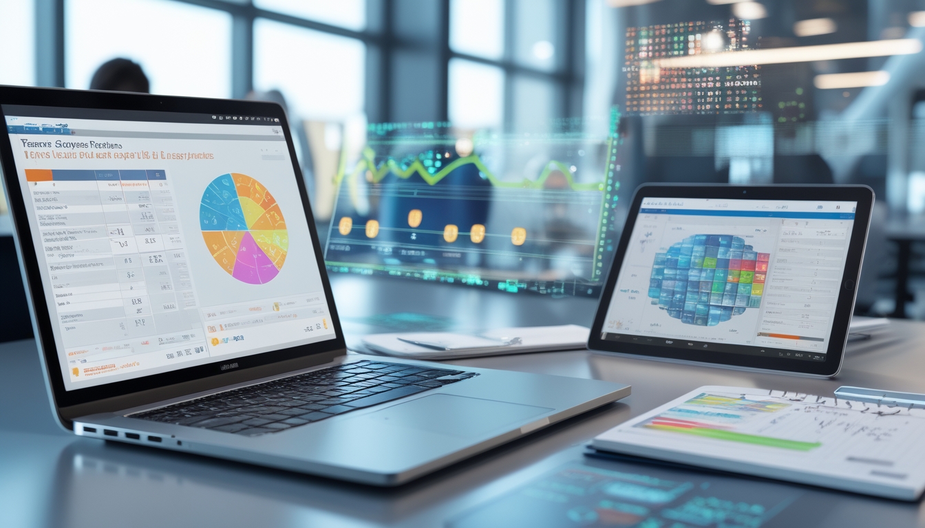 Sebuah meja kerja modern dengan laptop, tablet, dan buku catatan yang menampilkan pola dan grafik kompleks, di ruang kantor terang dan futuristik.