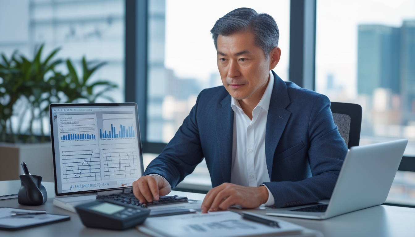 Seorang pria Asia duduk di meja kantor modern, fokus pada laptop dengan data dan grafik di sekitarnya.