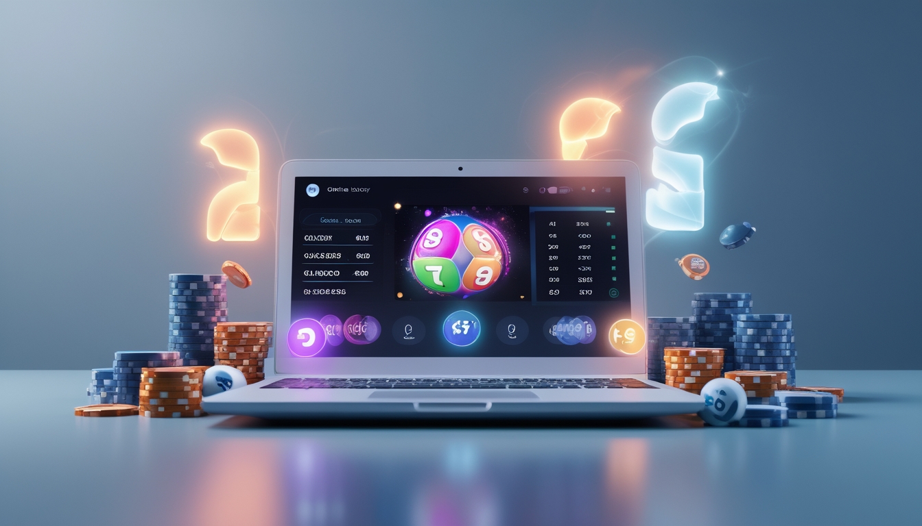 Layar perangkat digital menampilkan antarmuka lotere online dengan angka jackpot besar, dikelilingi bola lotere dan tumpukan chip di latar yang terang.