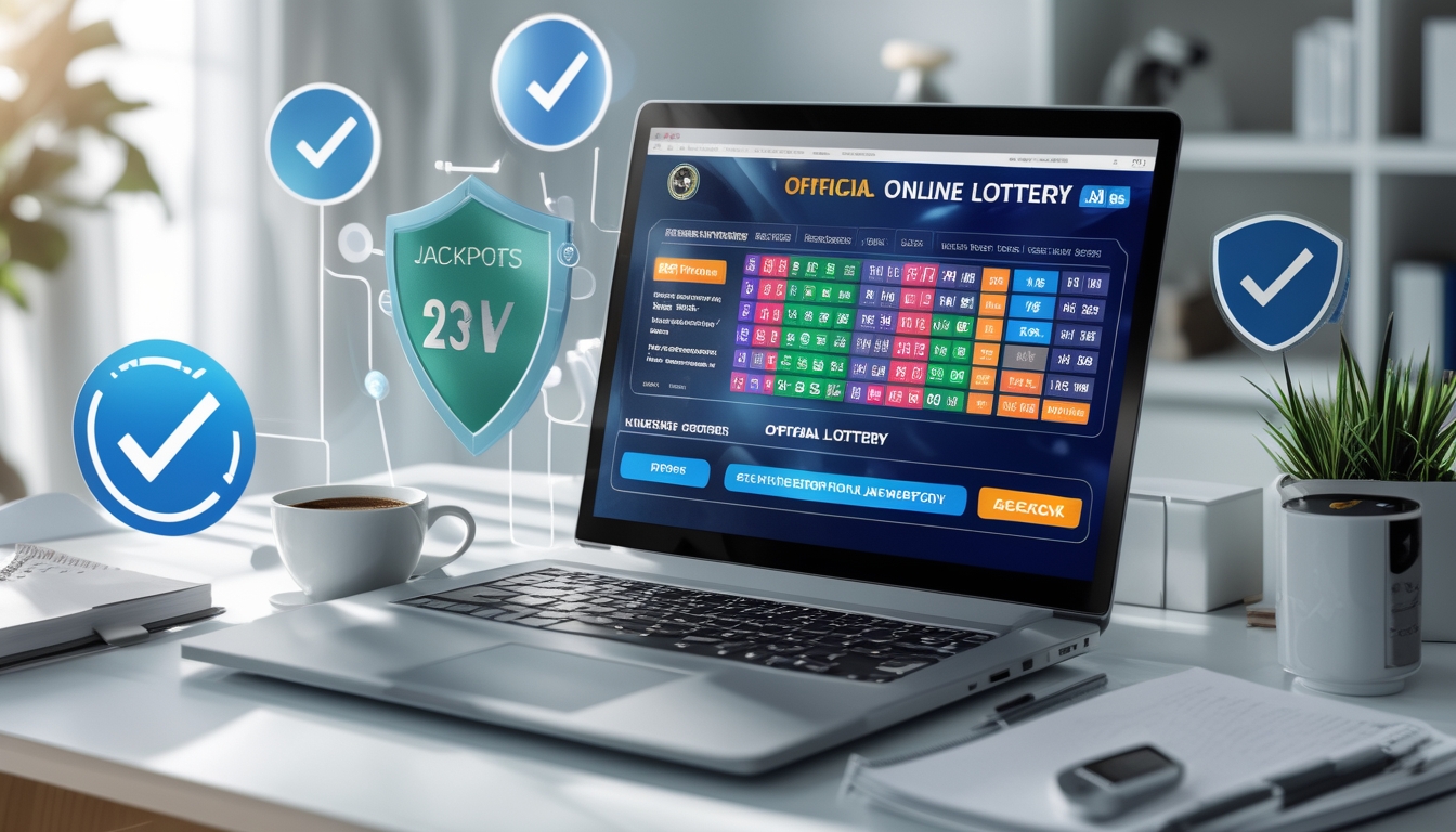 Meja kerja modern dengan laptop yang menampilkan situs togel online, smartphone dengan angka togel, dan beberapa simbol keamanan di latar belakang.