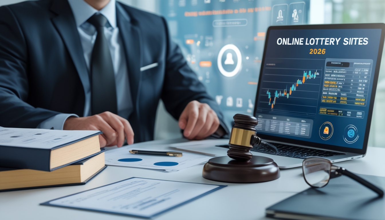 Seorang profesional di kantor modern dengan perangkat digital dan buku hukum, menunjukkan konsep legalitas dan regulasi dalam memilih situs togel online resmi.