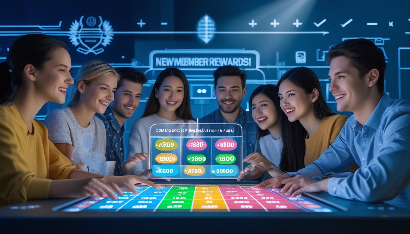 Sekelompok orang muda berkumpul di sekitar meja digital dengan layar sentuh menampilkan angka lotre dan ikon diskon, suasana cerah dan futuristik menunjukkan kegembiraan dan kepercayaan pada platform lotre online resmi.