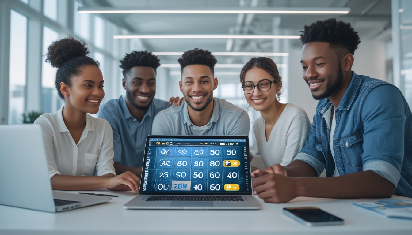 Sekelompok orang muda sedang menggunakan laptop dan perangkat digital di kantor modern, terlihat fokus dan antusias dengan aktivitas lotere online resmi.
