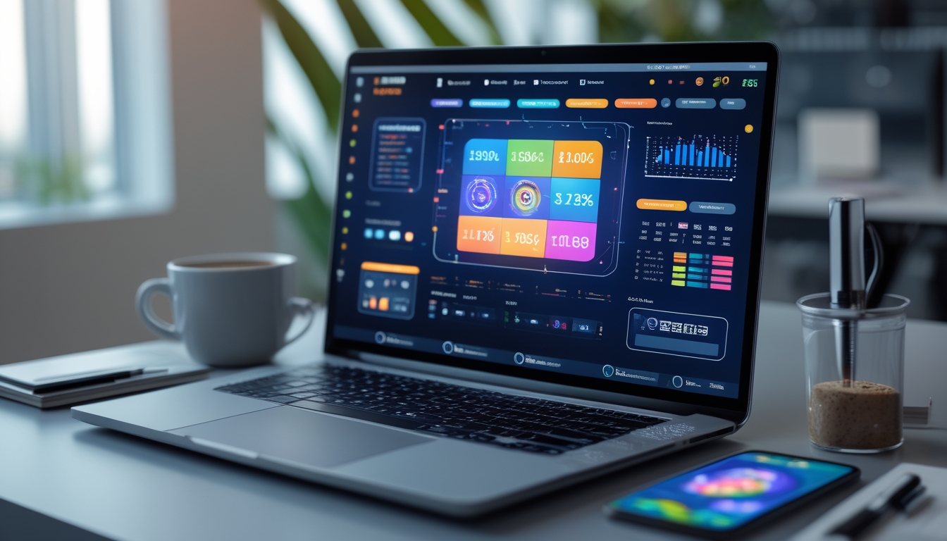 Meja kerja dengan laptop dan smartphone yang menampilkan antarmuka platform togel online, dengan suasana kantor yang terang dan rapi.