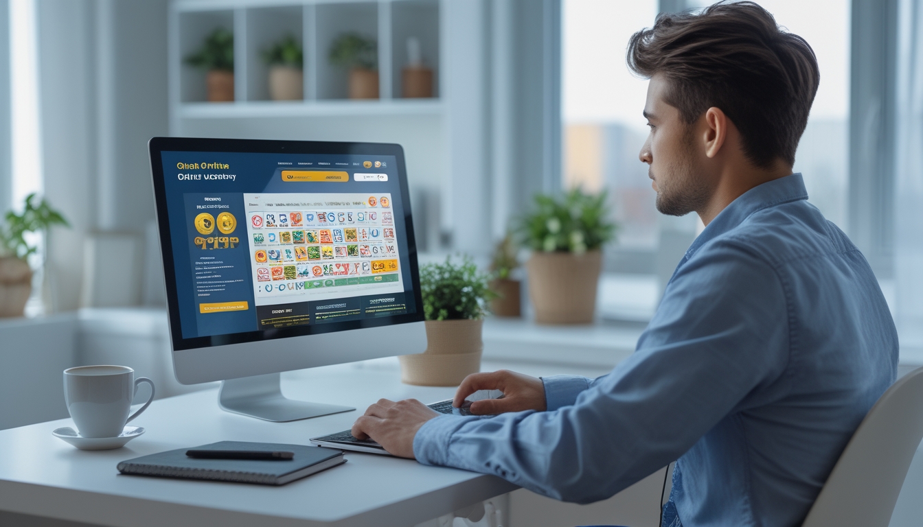 Seorang pria muda duduk di meja kerja dengan laptop, fokus menggunakan situs togel online resmi di ruangan yang terang dan rapi.