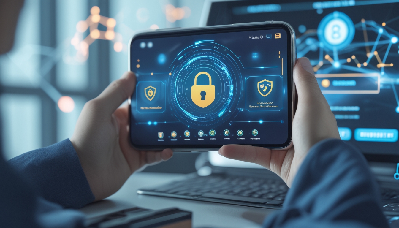 Seseorang menggunakan ponsel di meja kerja modern dengan tampilan aplikasi pembayaran digital yang aman dan cepat.