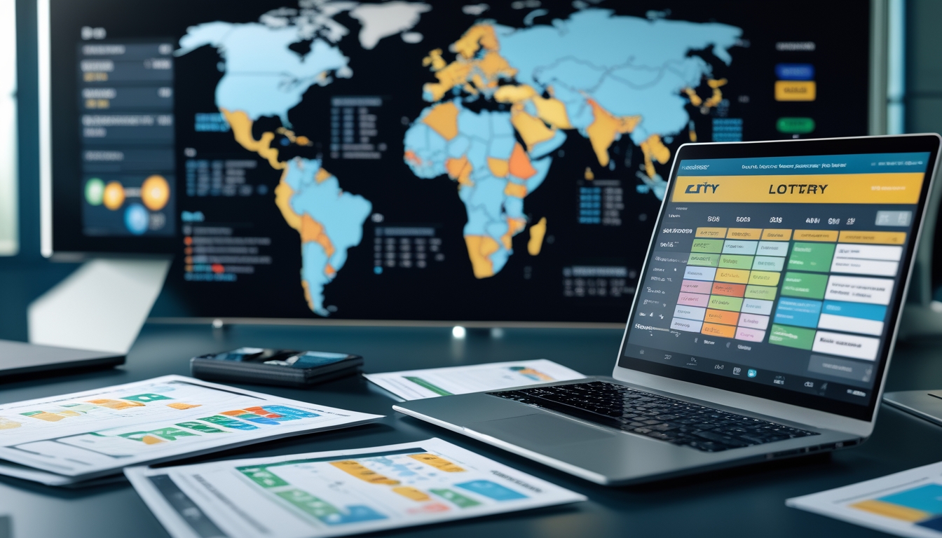 Meja kerja dengan laptop yang menampilkan antarmuka lotere digital, dokumen statistik, dan peta dunia di latar belakang.