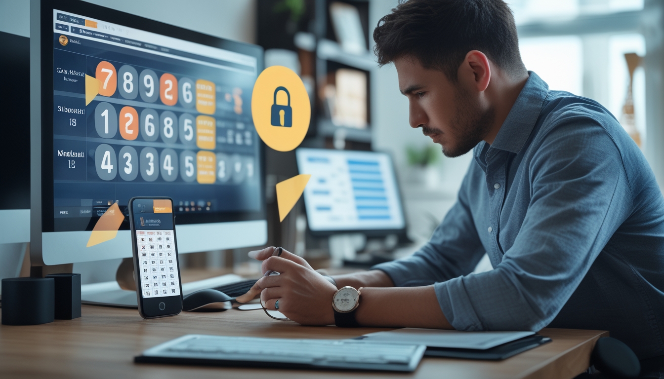 Seorang pria duduk di depan meja kerja dengan komputer dan ponsel, menganalisis data togel online di ruang kantor yang rapi.