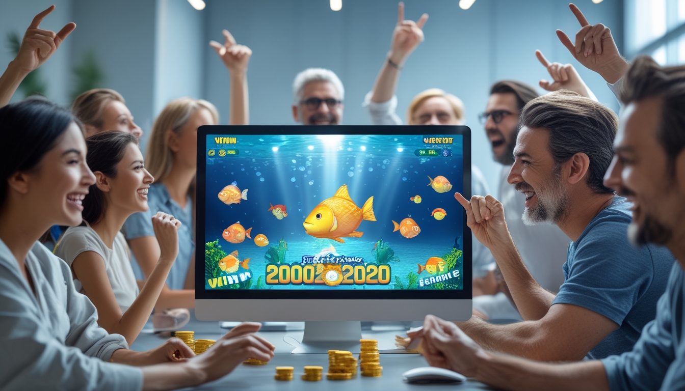 Orang-orang sedang bermain game tembak ikan di perangkat digital dengan tampilan warna-warni dan suasana penuh semangat.