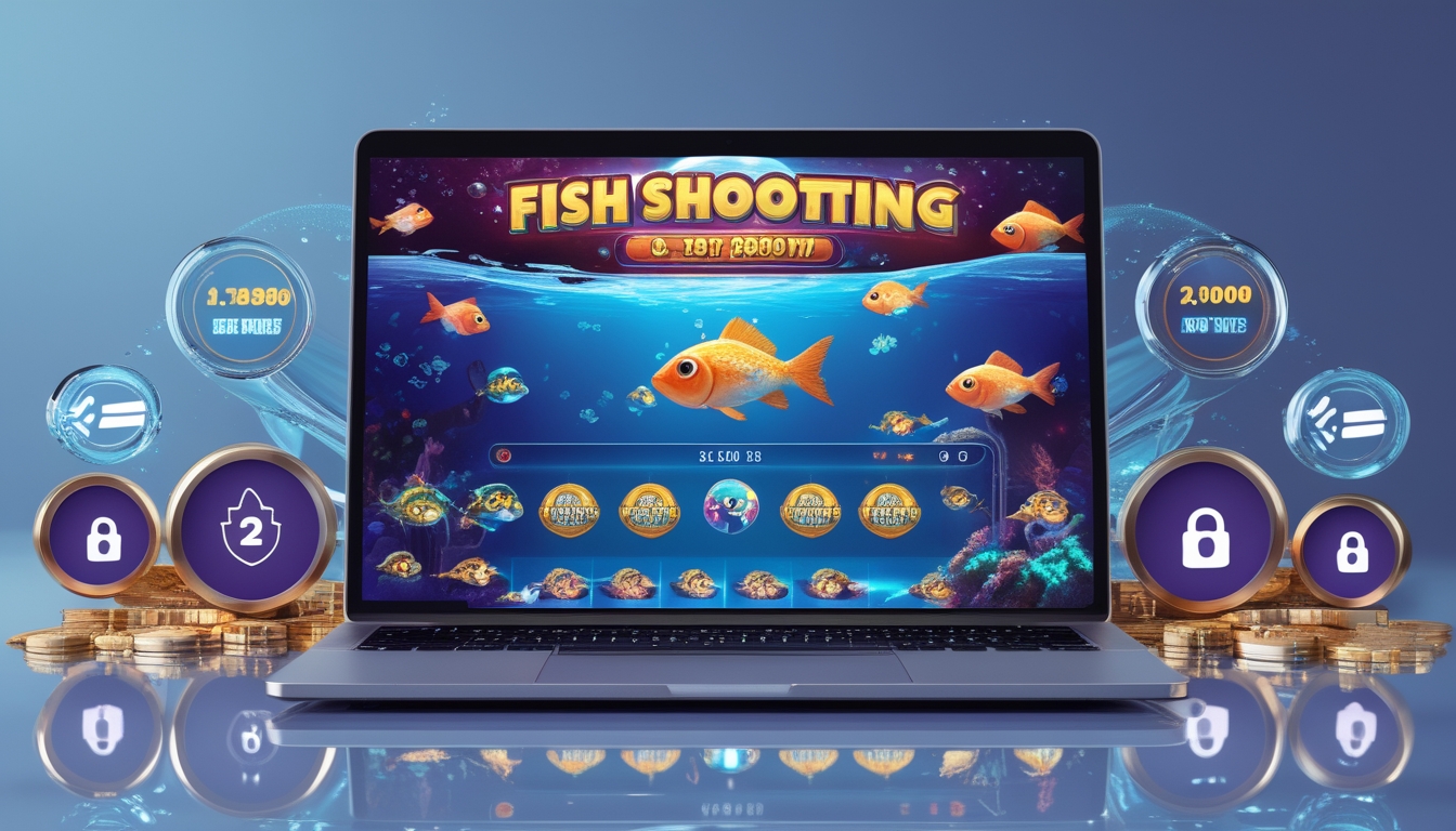 Layar komputer menampilkan permainan tembak ikan dengan grafik bawah laut berwarna cerah dan ikon jackpot, dikelilingi simbol keamanan dan antarmuka pengguna yang ramah.