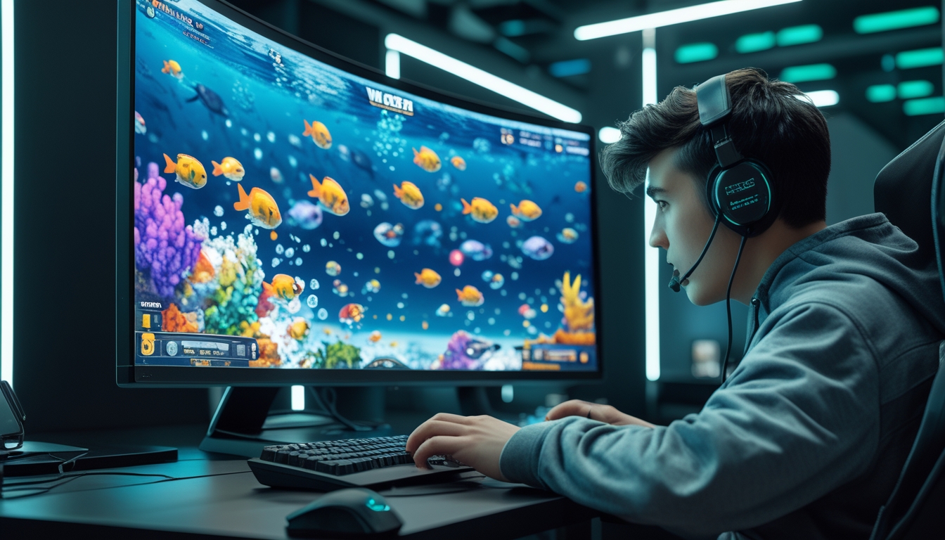 Seorang gamer muda sedang bermain permainan tembak ikan online di depan komputer dengan layar besar yang menampilkan ikan berwarna-warni di bawah laut.