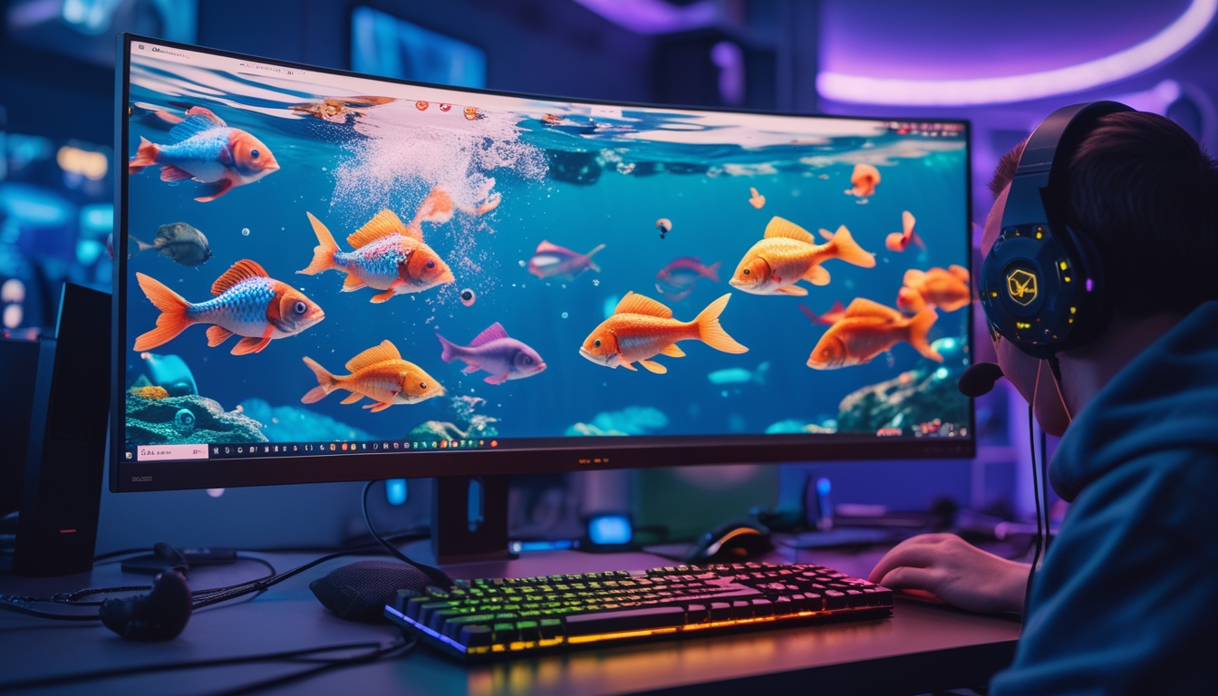 Sebuah meja komputer modern dengan monitor besar menampilkan permainan ikan digital berwarna-warni, dikelilingi oleh aksesori gaming di ruangan dengan pencahayaan biru dan ungu.