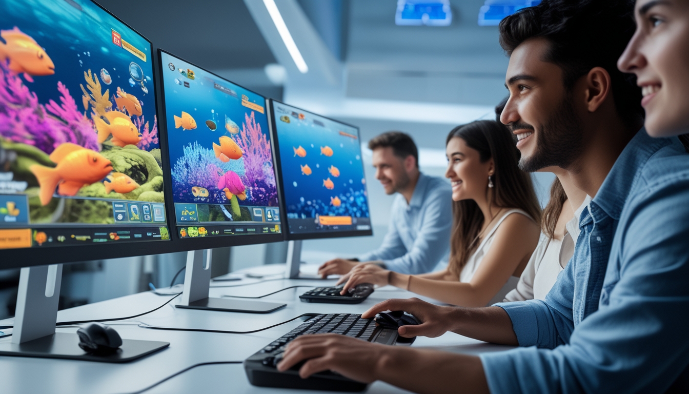 Sejumlah orang muda sedang bermain game tembak ikan di komputer dengan layar penuh warna di sebuah ruangan modern.