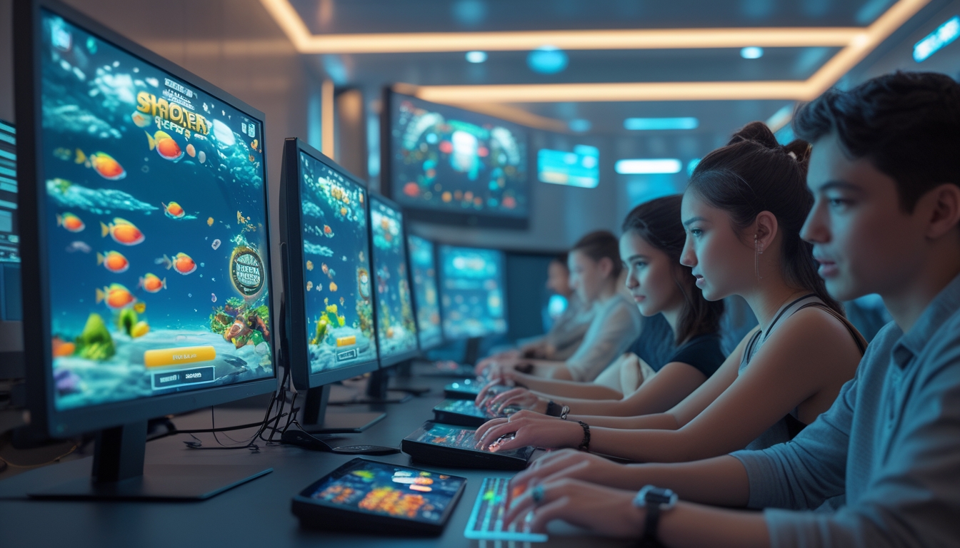 Beberapa orang muda sedang bermain permainan tembak ikan secara online di ruangan modern dengan monitor menampilkan ikan berwarna-warni di layar.