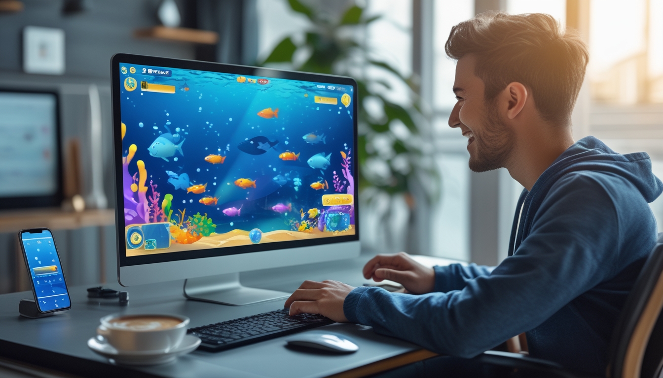 Seorang pemain muda sedang bermain game tembak ikan online di komputer dengan latar ruang rumah yang nyaman dan pencahayaan hangat.