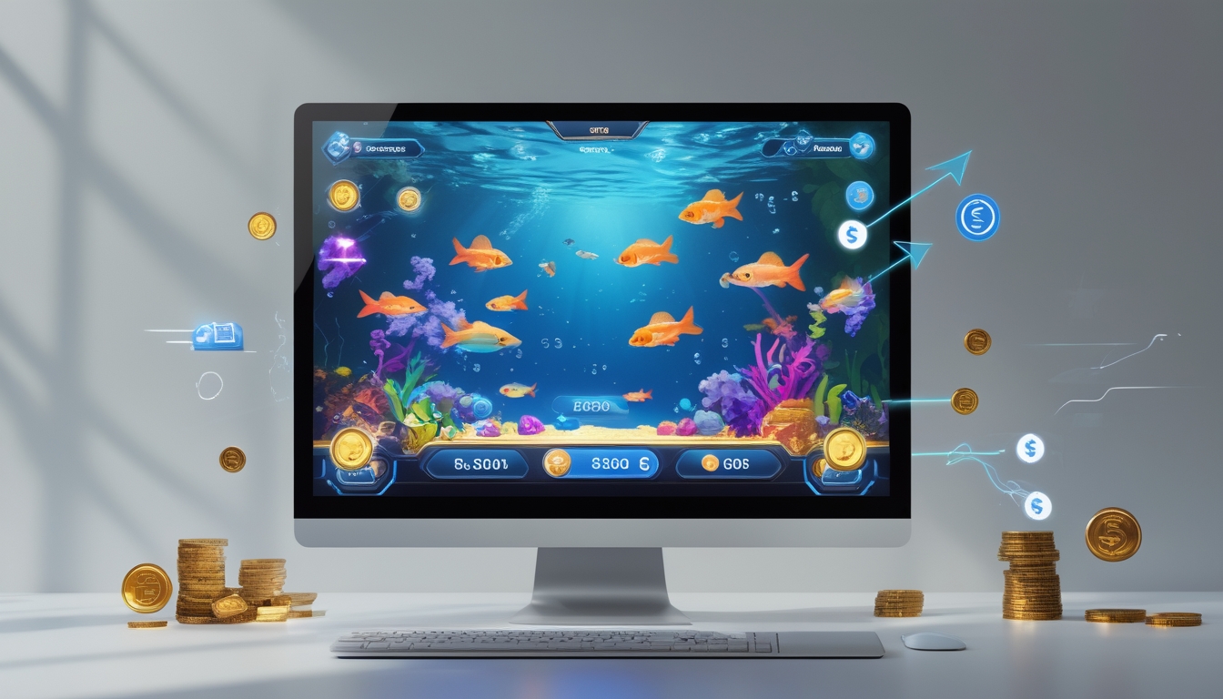 Layar perangkat digital menampilkan permainan tembak ikan dengan latar bawah laut berwarna cerah, dikelilingi ikon koin dan elemen antarmuka yang bersih.