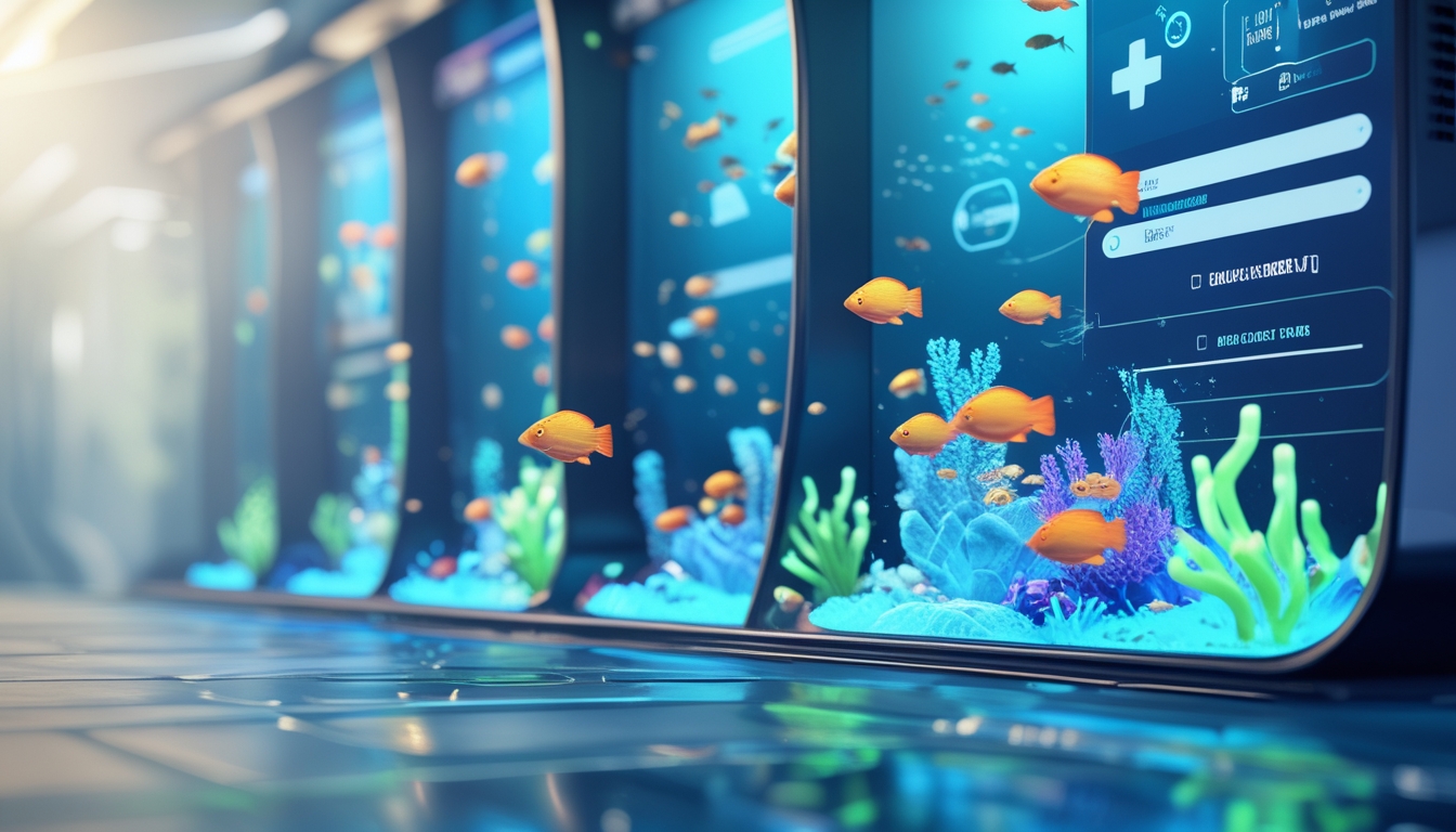 Suasana permainan tembak ikan online dengan latar bawah laut berwarna biru dan ikan berwarna-warni yang berenang di sekitar terumbu karang.