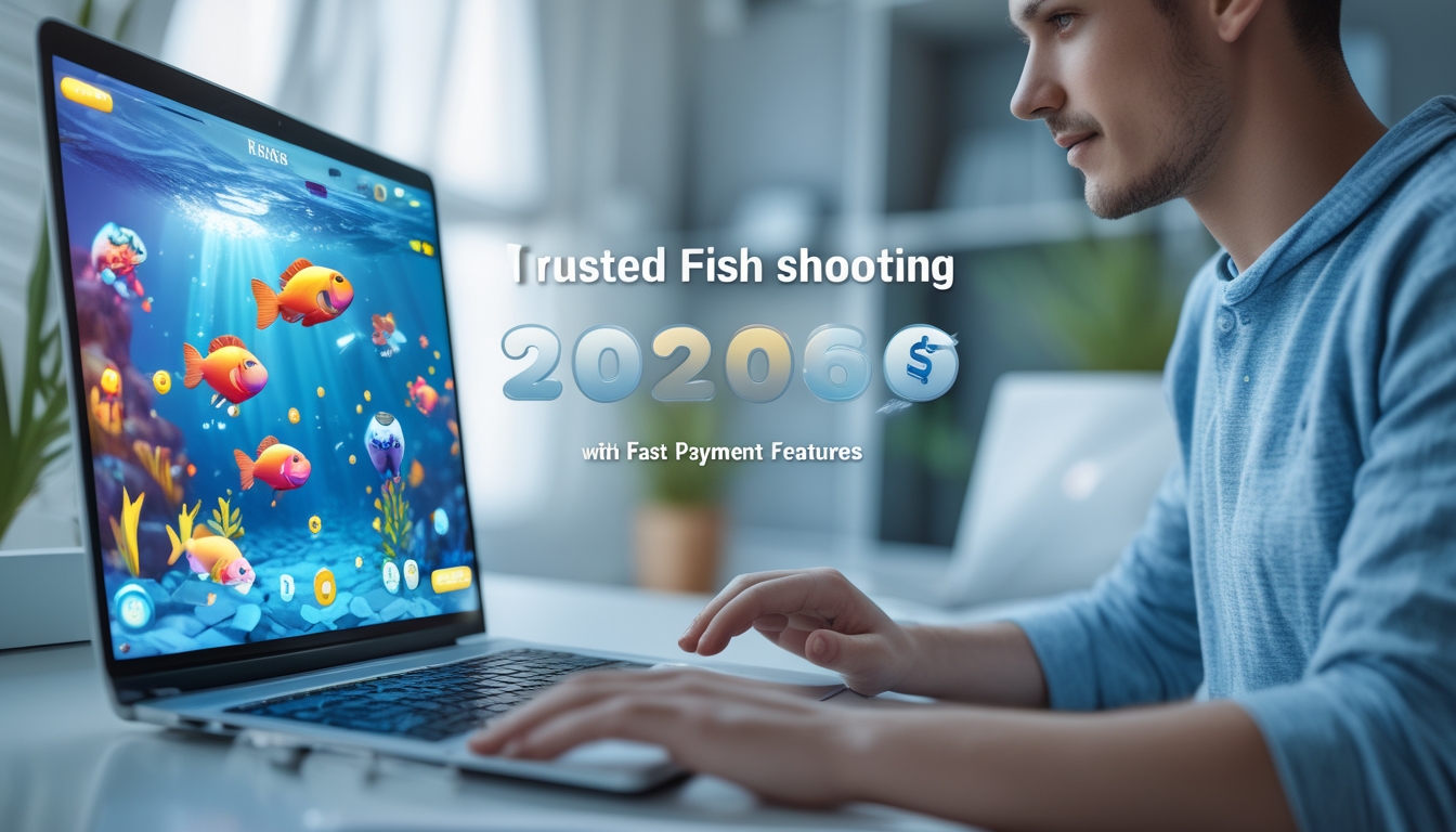 Seorang pemain muda menggunakan laptop dengan tampilan permainan menembak ikan berwarna-warni di layar dalam suasana ruang kerja yang terang dan rapi.