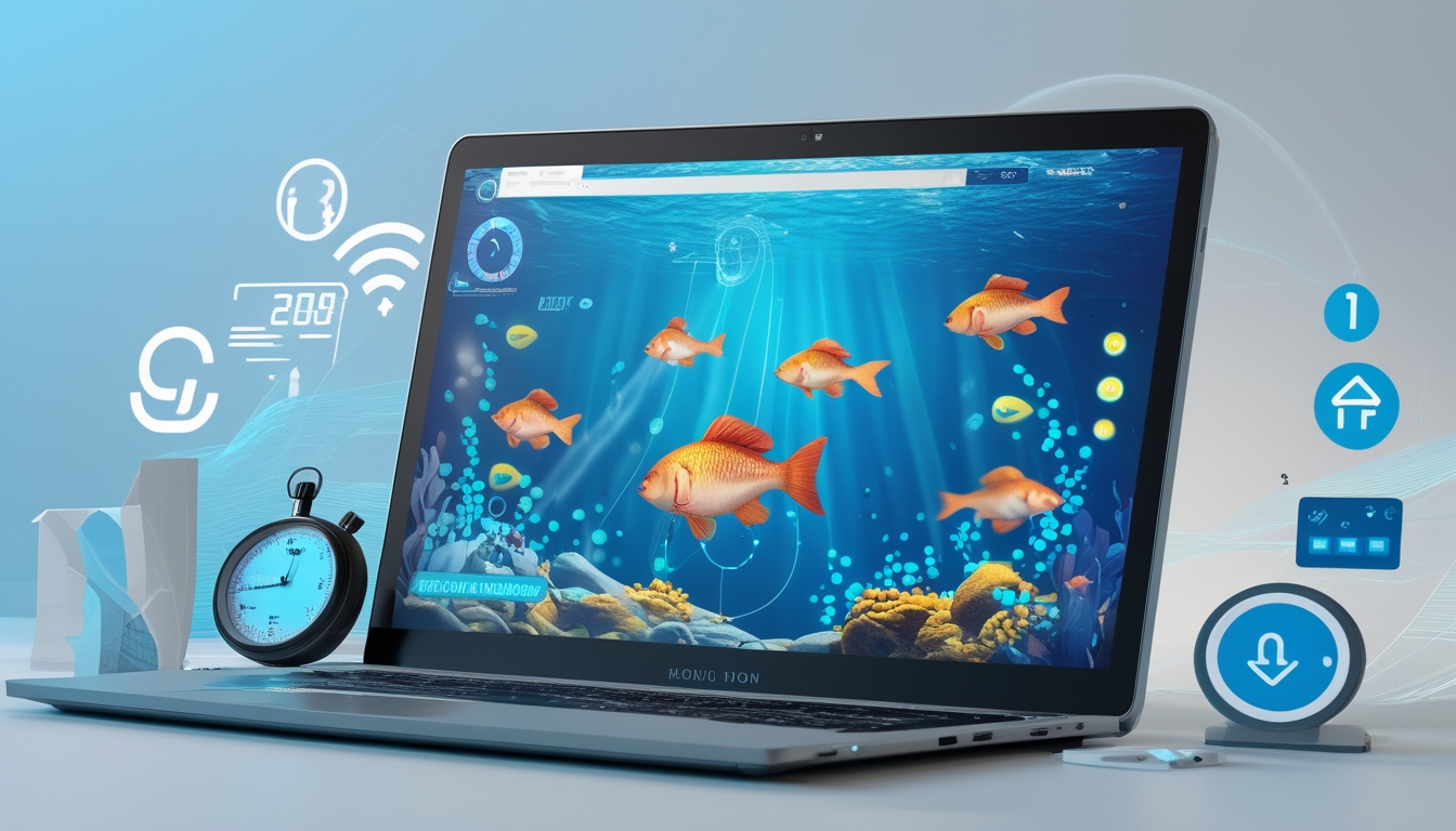 Seorang pemain menggunakan komputer dengan permainan tembak ikan online yang menampilkan ikan berwarna-warni dan efek tembakan di layar.