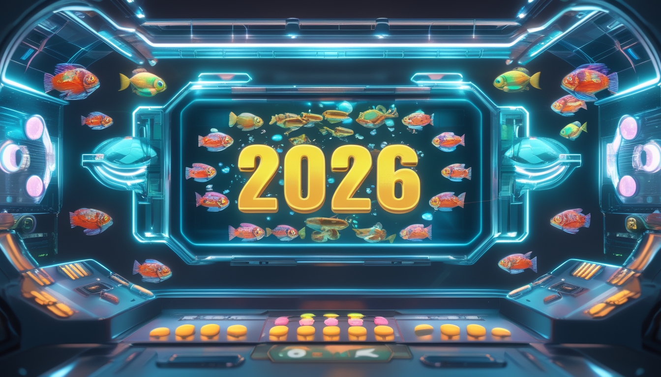Layar permainan digital dengan ikan berwarna-warni berenang dan ikon jackpot yang bersinar di latar bawah laut futuristik.