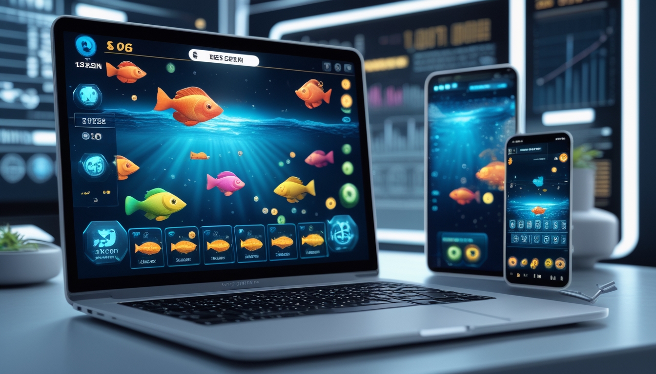 Tampilan perangkat digital dengan grafik permainan ikan berwarna-warni dan ikon jackpot di layar.