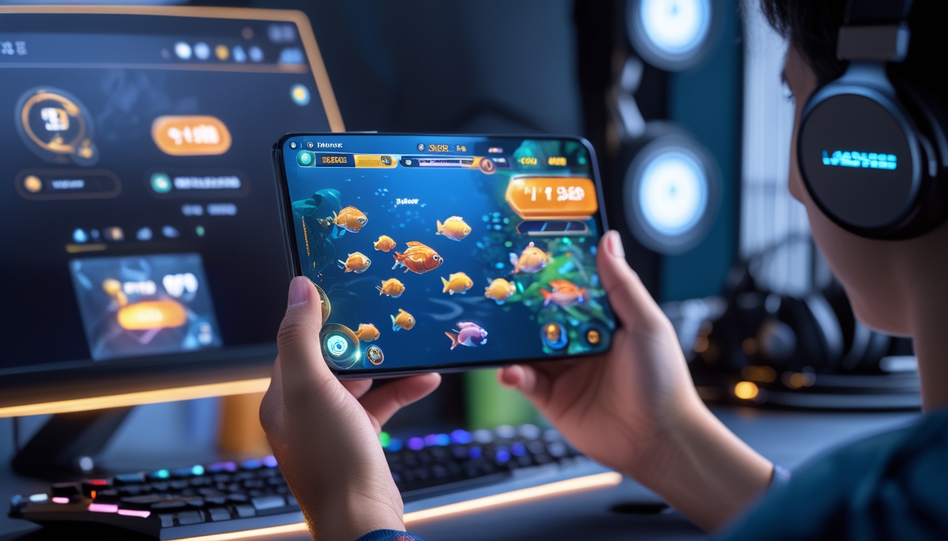 Seseorang memegang ponsel yang menampilkan permainan tembak ikan online dengan ikan berwarna-warni di layar, di sebuah ruangan gaming modern.