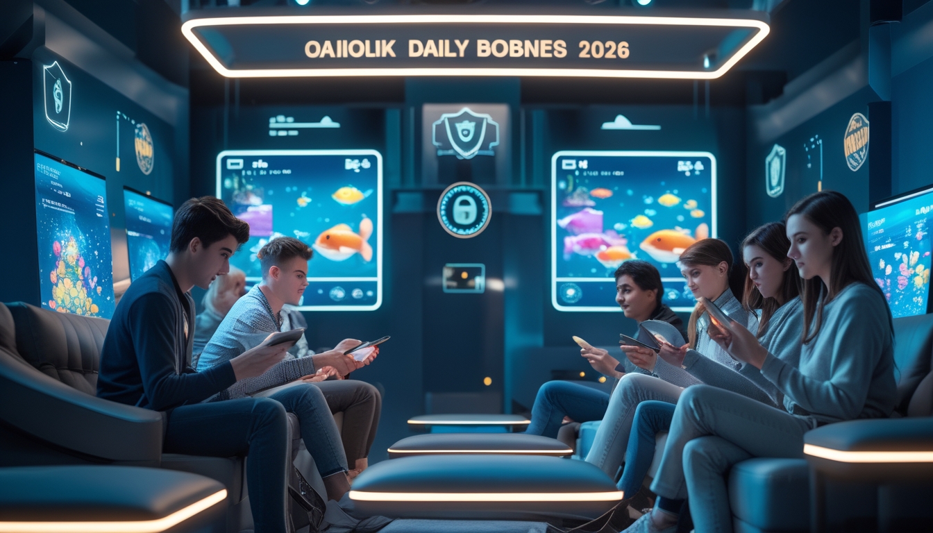 Sekelompok orang muda bermain game tembak ikan online di ruangan modern dengan perangkat digital, suasana terlihat aman dan menyenangkan.
