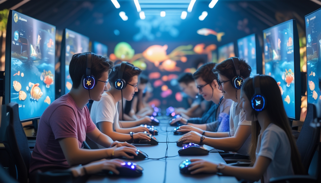 Sekelompok orang bermain game tembak ikan di komputer dengan latar belakang bertema bawah laut.
