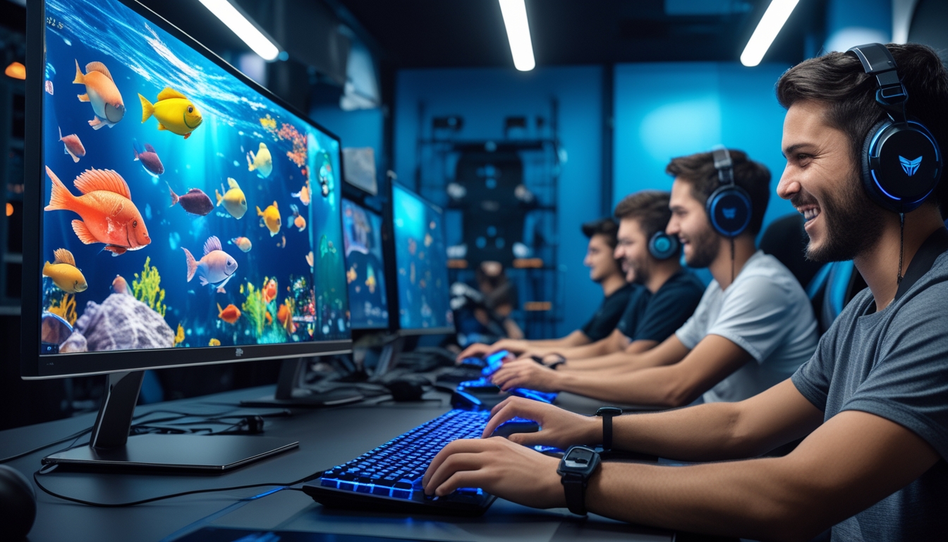 Beberapa orang bermain permainan tembak ikan online dengan komputer dan layar yang menampilkan grafik bawah laut berwarna-warni.