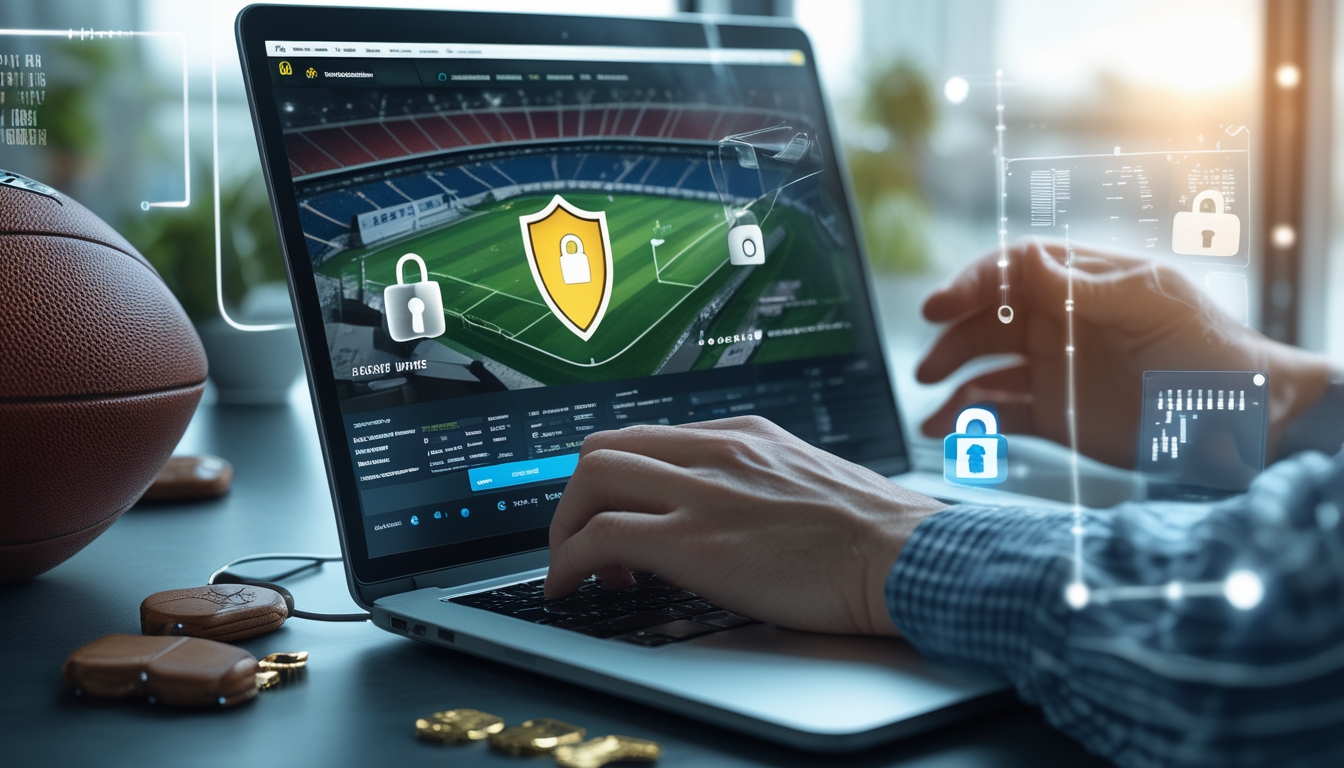 Seseorang menggunakan laptop dengan tampilan situs judi bola online yang aman, di sekitar terdapat ikon keamanan dan bola sepak bola.