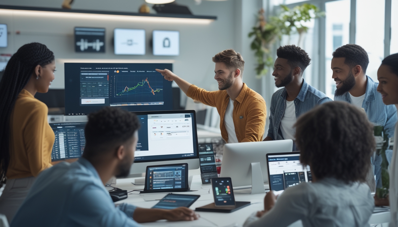 Sekelompok orang di kantor modern sedang melihat layar komputer dengan grafik dan informasi taruhan sepak bola online.