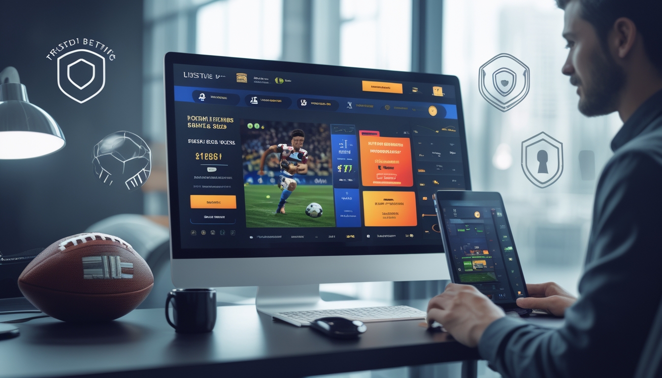 Seseorang menggunakan laptop di meja kerja dengan layar menampilkan antarmuka taruhan bola online yang ramai, di sekitar terdapat simbol keamanan dan bola sepak, menciptakan suasana profesional dan terpercaya.