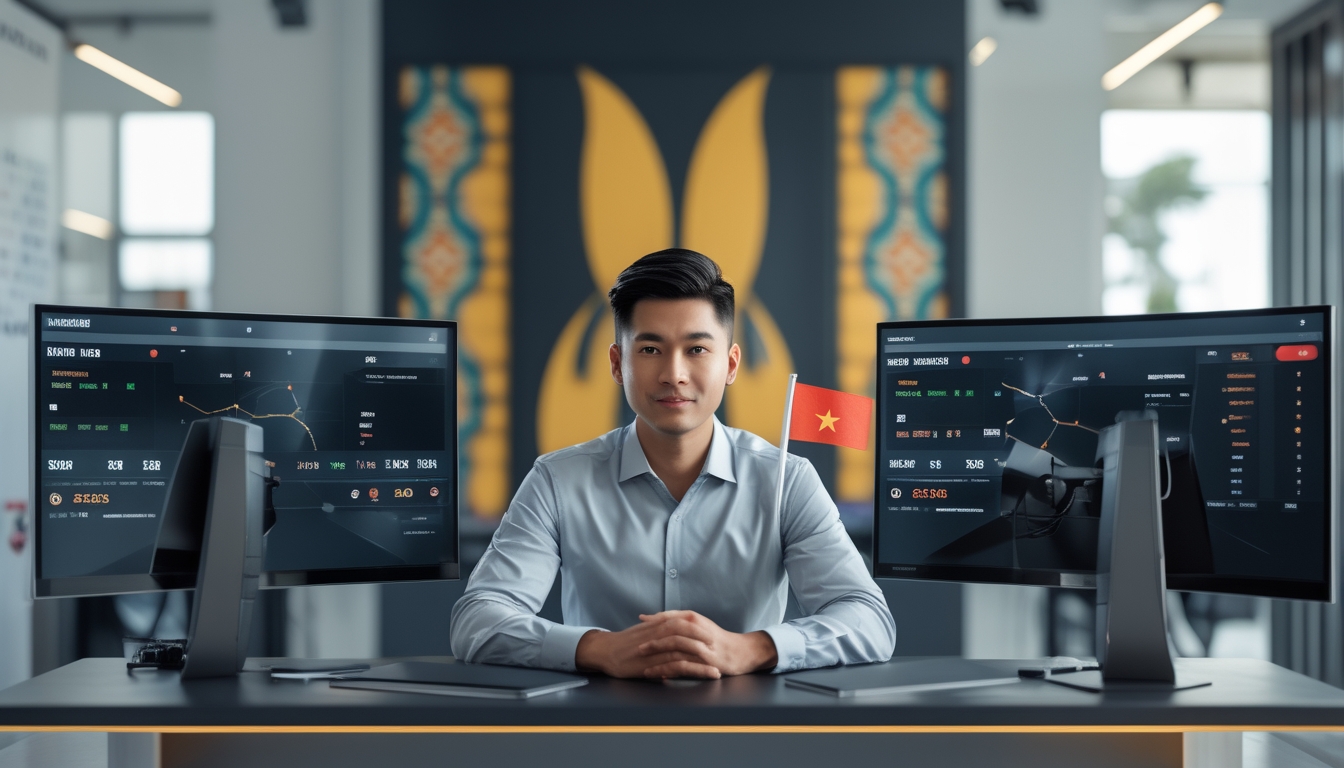Seorang pria Asia Tenggara duduk di depan komputer dengan tampilan pertandingan sepak bola dan statistik taruhan dalam ruang kantor modern dengan elemen budaya Indonesia.