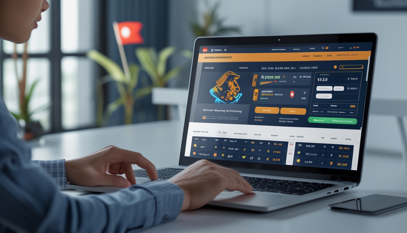 Seorang pria menggunakan laptop dan ponsel untuk mengakses situs taruhan bola online dengan latar belakang elemen budaya Indonesia.