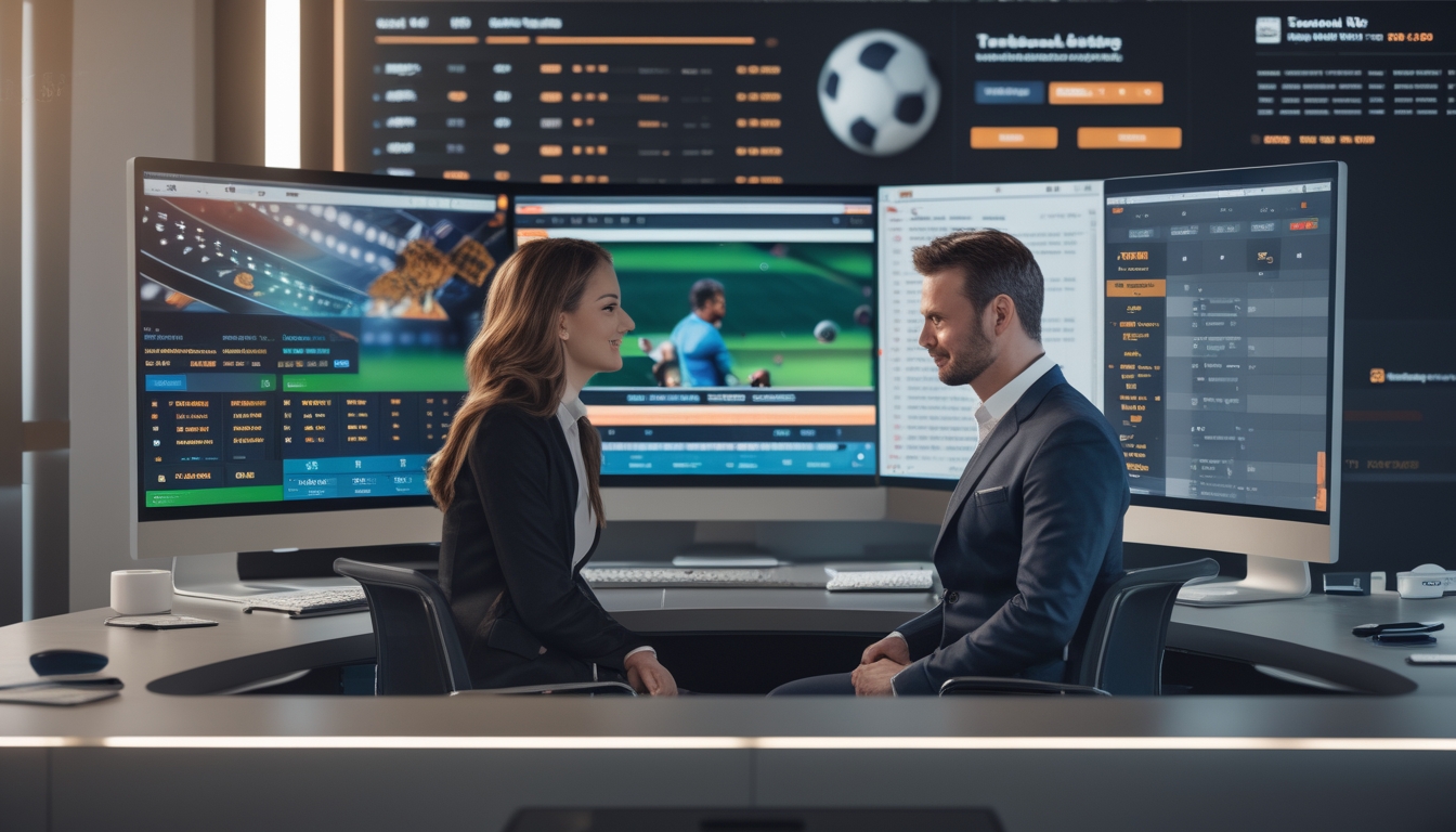 Seorang pria dan wanita duduk di meja dengan beberapa monitor komputer menampilkan statistik pertandingan sepak bola dan peluang taruhan secara langsung.